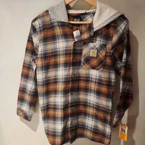 Carhartt L G 14 16 Boys Long Sleeve Button Front Hooded‎ Flannel Shirt Brown